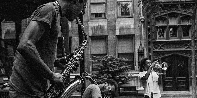 *Roscoe Mitchell, Lester Lashley, and Lester Bowie of the Association for the Advancement of Creative Musicians rehearsing on the University of Chicago campus, ca. 1965.* © Alan Teller.