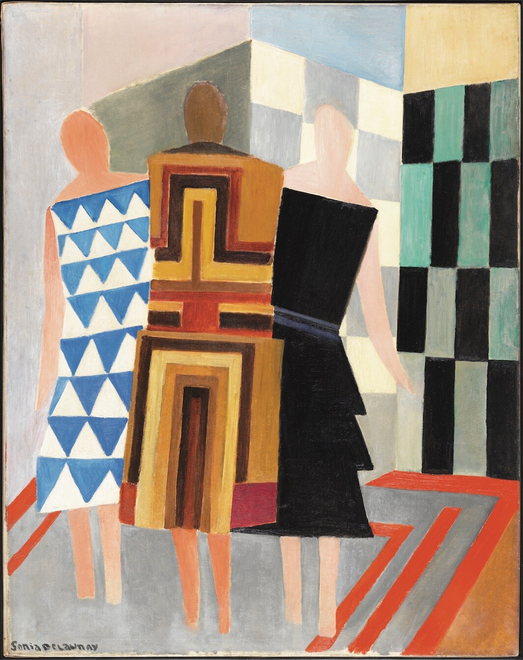 Sonia Delaunay, Robes simultanées (Trois femmes, formes, couleurs) (Simultaneous Dresses [Three Women, Shapes, Colors]), 1925, oil on canvas, 57 1/2 x 44 7/8". © PRACUSA S.A./Museo Nacional Thyssen-Bornemisza, Madrid