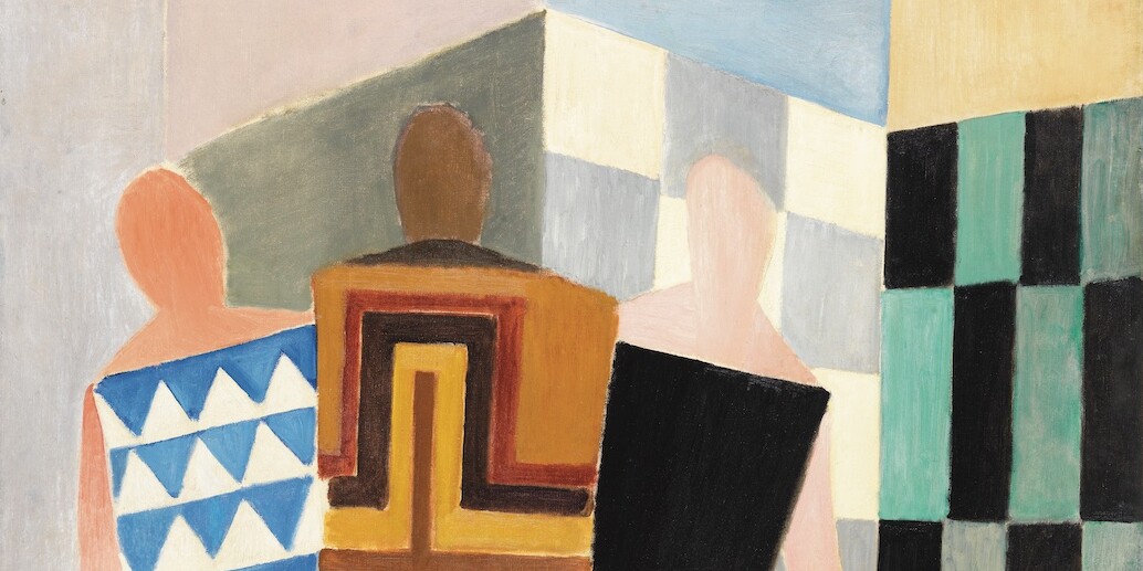 *Sonia Delaunay, _Robes simultanées (Trois femmes, formes, couleurs)_ (Simultaneous Dresses [Three Women, Shapes, Colors]), 1925,* oil on canvas, 57 1/2 x 44 7/8". © PRACUSA S.A./Museo Nacional Thyssen-Bornemisza, Madrid 