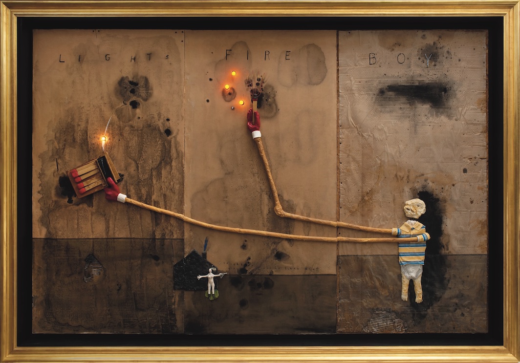 *David Lynch, _Boy Lights Fire_, 2010,* mixed media on cardboard, 6' 10'' x 10' 10''.