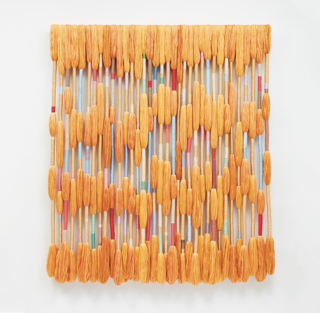 Sheila Hicks, Reaching For A Grander Horizon, 2021, linen, silk, cotton, wool, 85 × 72 1/2 × 4 1/4". © Sheila Hicks, Courtesy Sikkema Jenkins & Co.