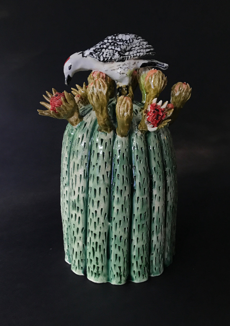 Ellen Rundle, Blooming Barrel Cactus with Woodpecker, 2017, glazed stoneware, 11 × 6 × 6". Courtesy the artist.