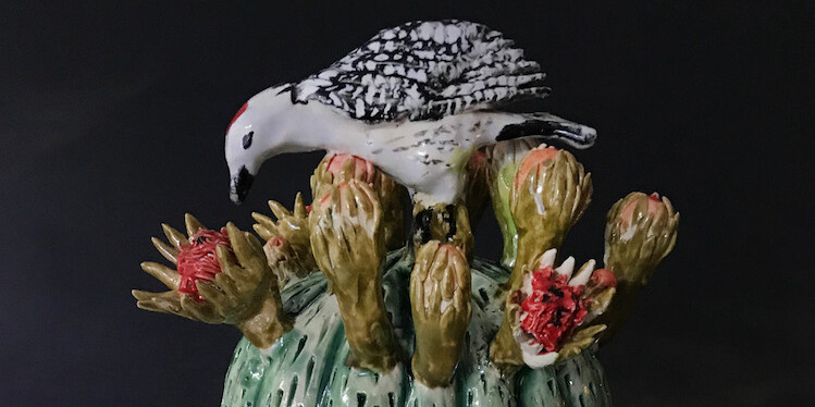 *Ellen Rundle, _Blooming Barrel Cactus with Woodpecker_, 2017*, glazed stoneware, 11 × 6 × 6". Courtesy the artist.