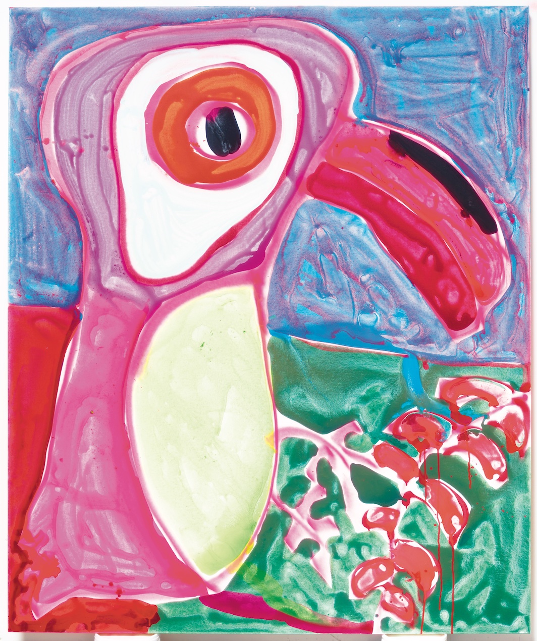 *Katherine Bernhardt, _Pink Parrot_, 2017,* acrylic and spray paint on canvas, 72 × 60". Courtesy: the artist and Canada, New York