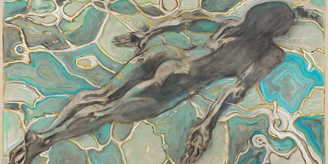 *Billy Childish, _swimmer under water_, 2019,* oil and charcoal on linen, 72 × 120". Image: Courtesy of the artist and Lehmann Maupin, New York, Hong Kong, Seoul, and London. Photo: Rikard Osterlund.