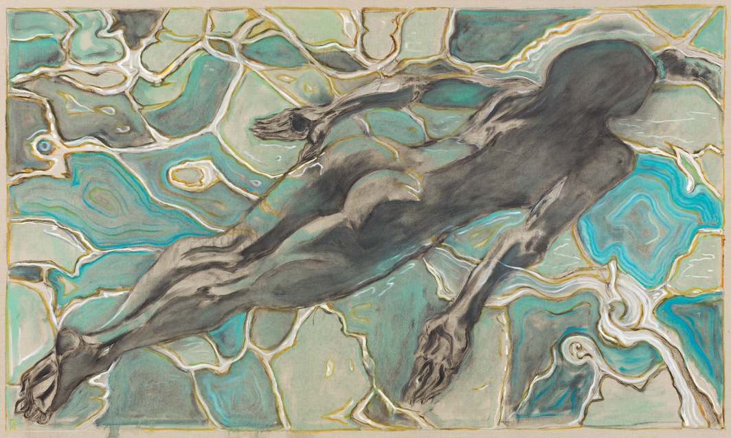 *Billy Childish, _swimmer under water_, 2019,* oil and charcoal on linen, 72 × 120". Image: Courtesy of the artist and Lehmann Maupin, New York, Hong Kong, Seoul, and London. Photo: Rikard Osterlund.