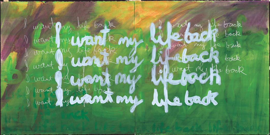*Ed Aulerich-Sugai, _I Want My Life Back_, 1991, diptych, mixed media on paper, 44 1/4 × 22 1/4".* Courtesy of the Ed Auerlich-Sugai Collection and Archive.