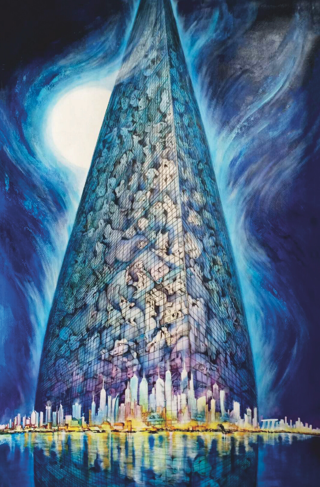 Nin Oozora, The Modern Tower of Babel 2, 2018, acrylic and oil on paper, 35 1/2" × 22 1/2". Rin Oozora (Instagram: rinoozora_art).