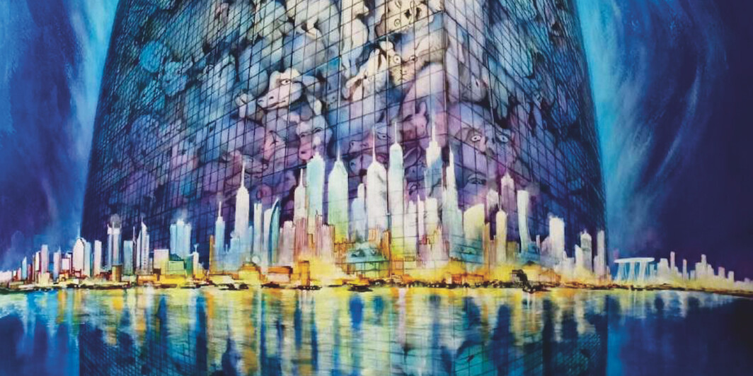 *Nin Oozora, _The Modern Tower of Babel 2_, 2018,* acrylic and oil on paper, 35 1/2" × 22 1/2". Rin Oozora (Instagram: rinoozora_art).